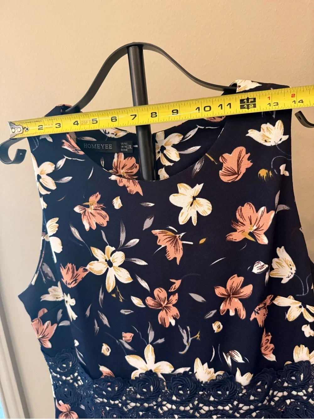 Navy Sleeveless Floral Midi Dress with Lace Waist - Picture 11 of 11